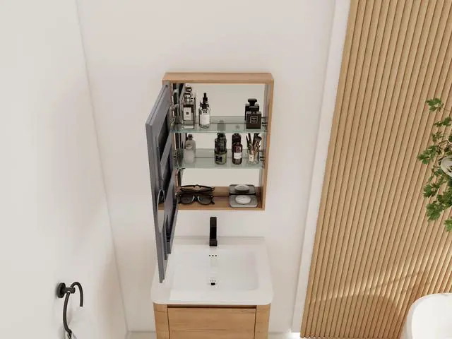 Alt view image 6 of 6 - 20'' Bathroom Mirror Cabinet with Storage,Wall Mounted Medicine Cabinet with Mirror Door,Adjustable Glass Shelves,Plywood(MC901BIMO)