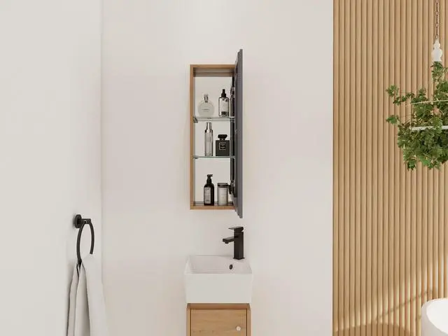 Alt view image 5 of 5 - 10'' Bathroom Mirror Cabinet with Storage,Wall Mounted Medicine Cabinet with Mirror Door,Adjustable Glass Shelves,Plywood(MC901CIMO)
