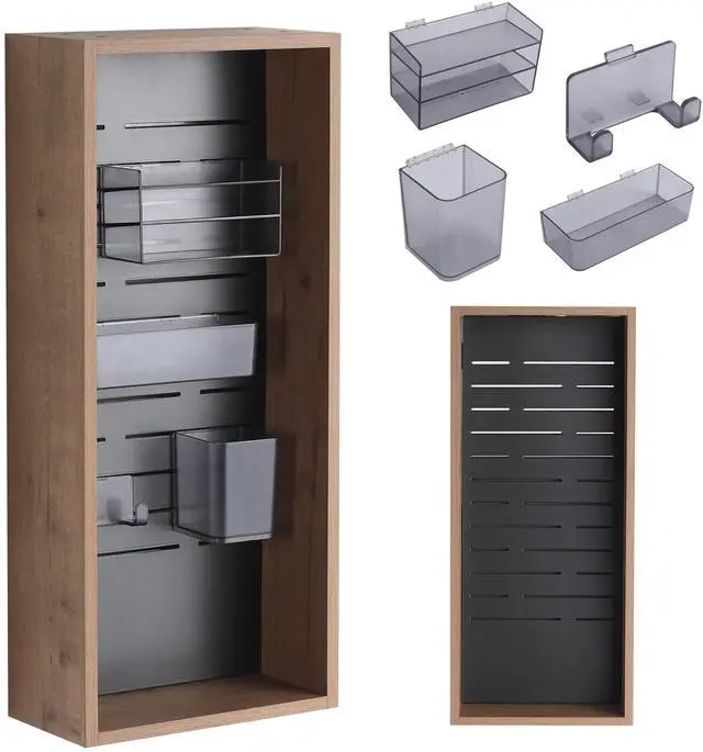 Main image of 12'' Wall Mounted Storage Cabinet without door, Storage Cabinet with 4 DIY Accessories-Frosted Plastic Bins & Hooks,Plywood(MC239EIMO)