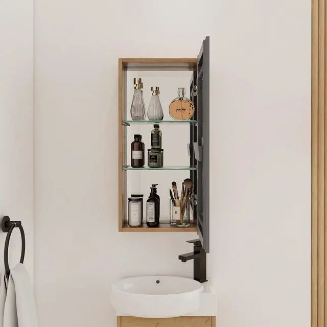 Alt view image 2 of 5 - 14'' Bathroom Mirror Cabinet with Storage,Wall Mounted Medicine Cabinet with Mirror Door,Adjustable Glass Shelves,Plywood(MC901DIMO)