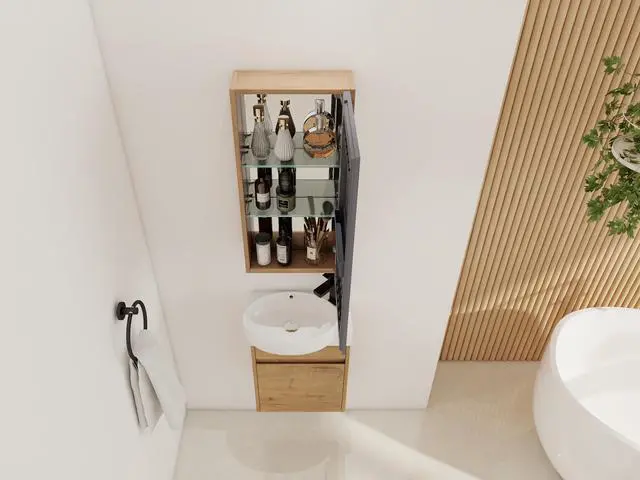 Alt view image 4 of 5 - 14'' Bathroom Mirror Cabinet with Storage,Wall Mounted Medicine Cabinet with Mirror Door,Adjustable Glass Shelves,Plywood(MC901DIMO)
