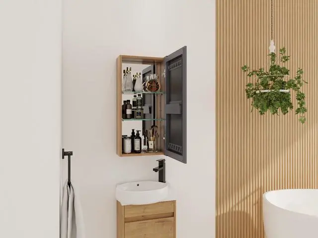 Alt view image 3 of 5 - 14'' Bathroom Mirror Cabinet with Storage,Wall Mounted Medicine Cabinet with Mirror Door,Adjustable Glass Shelves,Plywood(MC901DIMO)