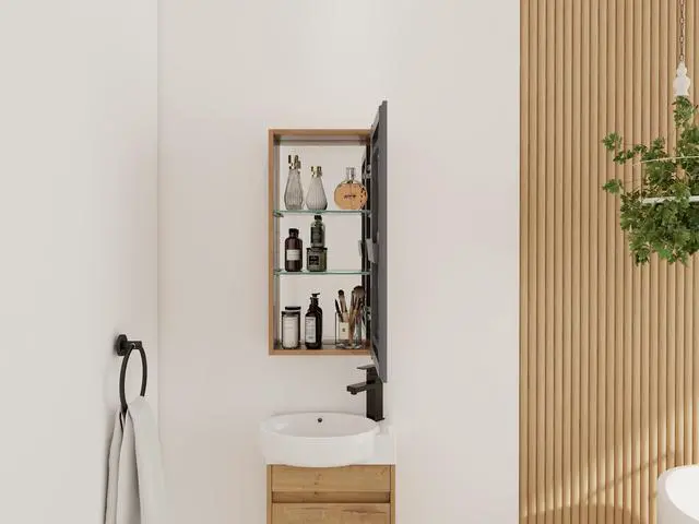Alt view image 5 of 5 - 14'' Bathroom Mirror Cabinet with Storage,Wall Mounted Medicine Cabinet with Mirror Door,Adjustable Glass Shelves,Plywood(MC901DIMO)