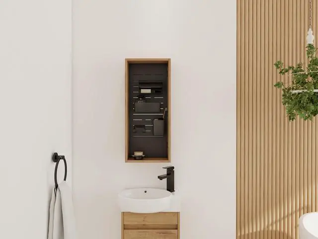 Alt view image 2 of 6 - 12'' Wall Mounted Storage Cabinet without door, Storage Cabinet with 4 DIY Accessories-Frosted Plastic Bins & Hooks,Plywood(MC239EIMO)