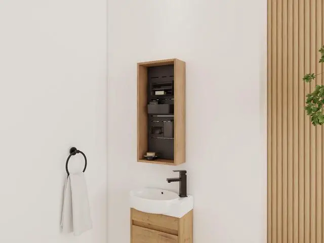 Alt view image 3 of 6 - 12'' Wall Mounted Storage Cabinet without door, Storage Cabinet with 4 DIY Accessories-Frosted Plastic Bins & Hooks,Plywood(MC239EIMO)