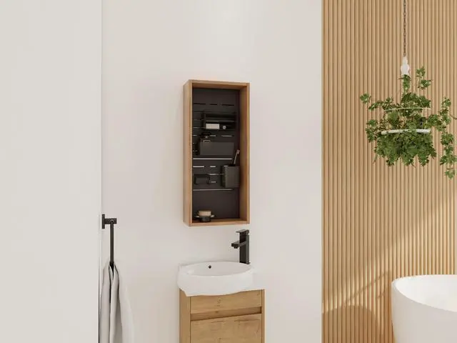 Alt view image 6 of 6 - 12'' Wall Mounted Storage Cabinet without door, Storage Cabinet with 4 DIY Accessories-Frosted Plastic Bins & Hooks,Plywood(MC239EIMO)