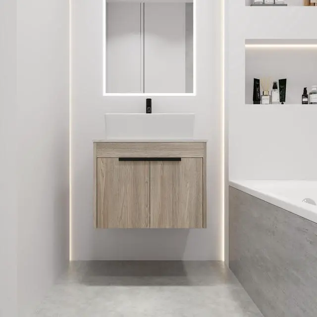 Alt view image 4 of 7 - 24 " Modern Design Float Bathroom Vanity With Ceramic Basin Set, Wall Mounted White Oak Vanity With Soft Close Door,KD-Packing,KD-Packing,2 Pieces Parcel(TOP-BAB110MOWH)