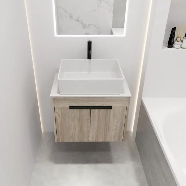 Alt view image 3 of 7 - 24 " Modern Design Float Bathroom Vanity With Ceramic Basin Set, Wall Mounted White Oak Vanity With Soft Close Door,KD-Packing,KD-Packing,2 Pieces Parcel(TOP-BAB110MOWH)