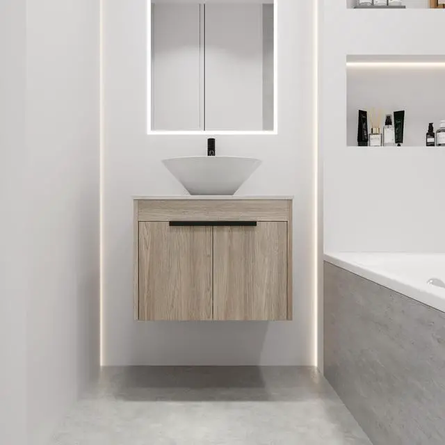 Alt view image 2 of 7 - 24 " Modern Design Float Bathroom Vanity With Ceramic Basin Set, Wall Mounted White Oak Vanity With Soft Close Door,KD-Packing,KD-Packing,2 Pieces Parcel(TOP-BAB217MOWH)