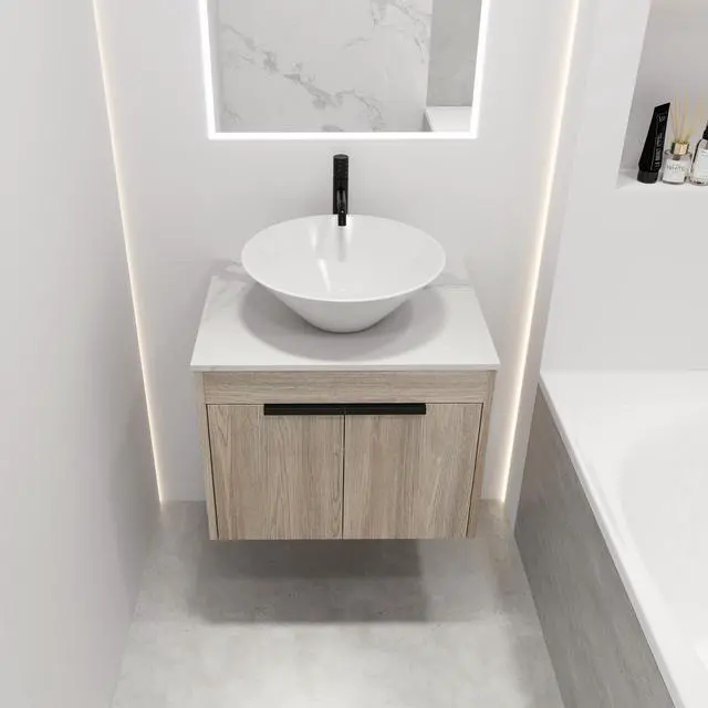 Alt view image 3 of 7 - 24 " Modern Design Float Bathroom Vanity With Ceramic Basin Set, Wall Mounted White Oak Vanity With Soft Close Door,KD-Packing,KD-Packing,2 Pieces Parcel(TOP-BAB217MOWH)