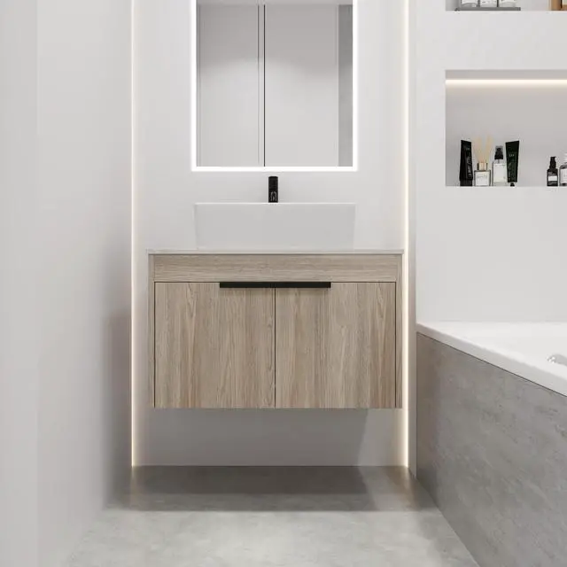 Alt view image 2 of 7 - 30 " Modern Design Float Bathroom Vanity With Ceramic Basin Set, Wall Mounted White Oak Vanity With Soft Close Door,KD-Packing,KD-Packing,2 Pieces Parcel(TOP-BAB110MOWH)