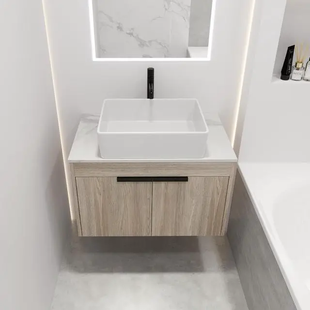 Alt view image 3 of 7 - 30 " Modern Design Float Bathroom Vanity With Ceramic Basin Set, Wall Mounted White Oak Vanity With Soft Close Door,KD-Packing,KD-Packing,2 Pieces Parcel(TOP-BAB110MOWH)