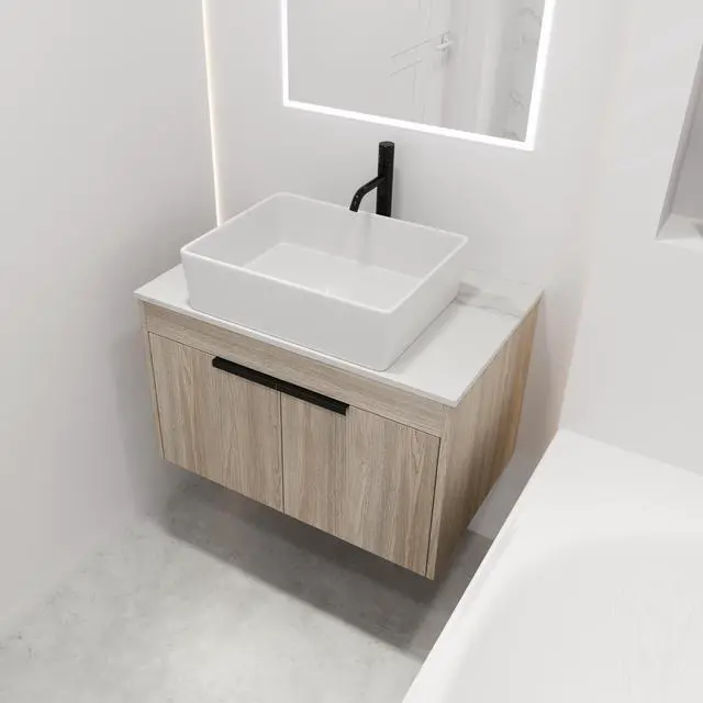 Alt view image 4 of 7 - 30 " Modern Design Float Bathroom Vanity With Ceramic Basin Set, Wall Mounted White Oak Vanity With Soft Close Door,KD-Packing,KD-Packing,2 Pieces Parcel(TOP-BAB110MOWH)