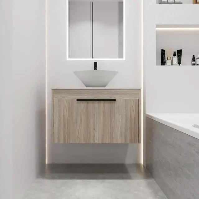 Main image of 30''Modern Design Float Bathroom Vanity With Ceramic Basin Set,Wall Mounted White Oak Vanity With Soft Close Door,KD-Packing,KD-Packing,2 Pieces Parcel(TOP-BAB217MOWH)