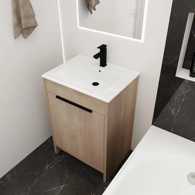 Alt view image 4 of 7 - Freestanding Bathroom Vanity with White Ceramic Sink & 2 Soft-Close Cabinet Doors ((KD-PACKING),BVB02424PLO-G-BL9060B),W1286S00015