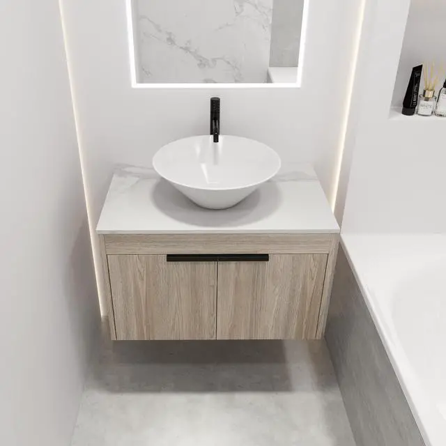 Alt view image 2 of 7 - 30''Modern Design Float Bathroom Vanity With Ceramic Basin Set,Wall Mounted White Oak Vanity With Soft Close Door,KD-Packing,KD-Packing,2 Pieces Parcel(TOP-BAB217MOWH)