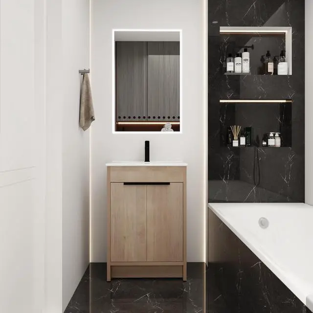 Main image of Freestanding Bathroom Vanity with White Ceramic Sink & 2 Soft-Close Cabinet Doors ((KD-PACKING),BVB02424PLO-G-BL9060B),W1286S00015
