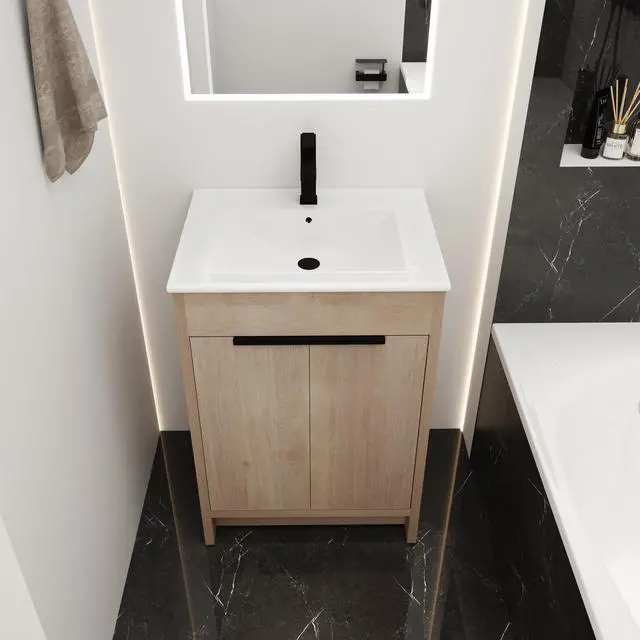 Alt view image 3 of 7 - Freestanding Bathroom Vanity with White Ceramic Sink & 2 Soft-Close Cabinet Doors ((KD-PACKING),BVB02424PLO-G-BL9060B),W1286S00015