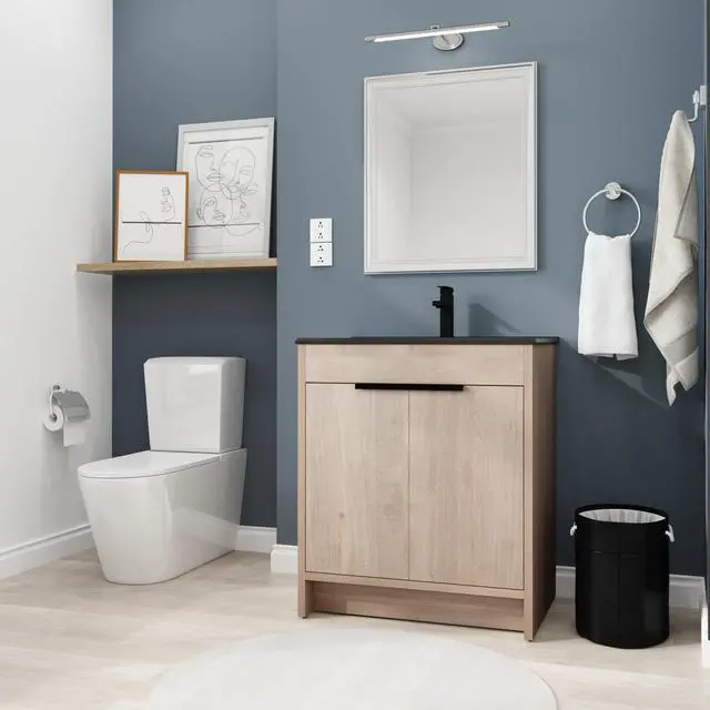 Alt view image 2 of 7 - 30 Inch Freestanding Bathroom Vanity with Black Ceramic Sink & 2 Soft-Close Cabinet Doors (BVB02430PLO-BL9075BK),W1286S00019