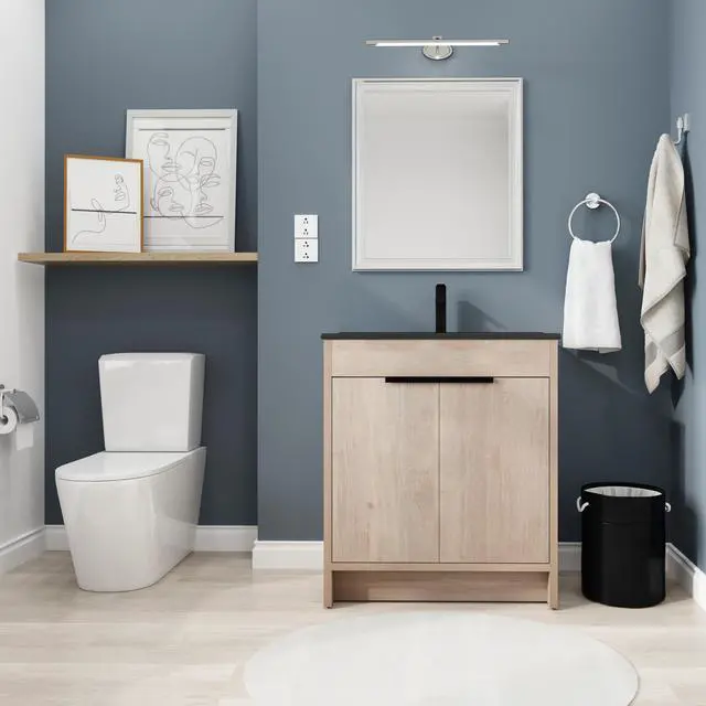 Main image of 30 Inch Freestanding Bathroom Vanity with Black Ceramic Sink & 2 Soft-Close Cabinet Doors (BVB02430PLO-BL9075BK),W1286S00019