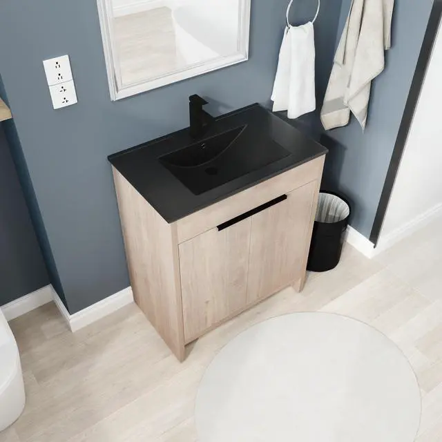Alt view image 5 of 7 - 30 Inch Freestanding Bathroom Vanity with Black Ceramic Sink & 2 Soft-Close Cabinet Doors (BVB02430PLO-BL9075BK),W1286S00019