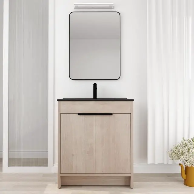 Alt view image 7 of 7 - 30 Inch Freestanding Bathroom Vanity with Black Ceramic Sink & 2 Soft-Close Cabinet Doors (BVB02430PLO-BL9075BK),W1286S00019