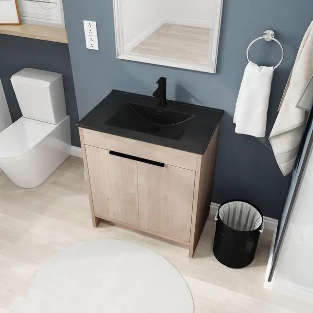 Alt view image 4 of 7 - 30 Inch Freestanding Bathroom Vanity with Black Ceramic Sink & 2 Soft-Close Cabinet Doors (BVB02430PLO-BL9075BK),W1286S00019
