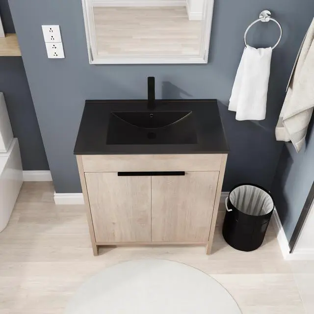 Alt view image 6 of 7 - 30 Inch Freestanding Bathroom Vanity with Black Ceramic Sink & 2 Soft-Close Cabinet Doors (BVB02430PLO-BL9075BK),W1286S00019