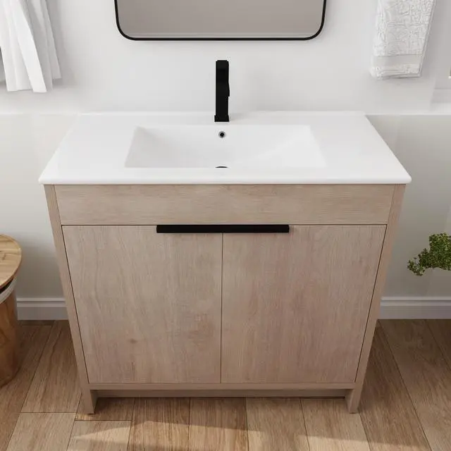 Alt view image 3 of 7 - 36 Inch Freestanding Bathroom Vanity with White Ceramic Sink & 2 Soft-Close Cabinet Doors (BVB02436PLO-F-BL9090B),W1286S00063