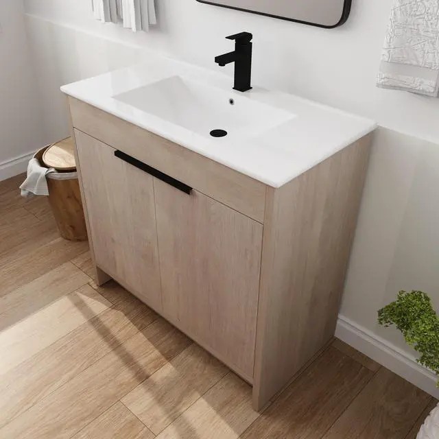 Alt view image 2 of 7 - 36 Inch Freestanding Bathroom Vanity with White Ceramic Sink & 2 Soft-Close Cabinet Doors (BVB02436PLO-F-BL9090B),W1286S00063