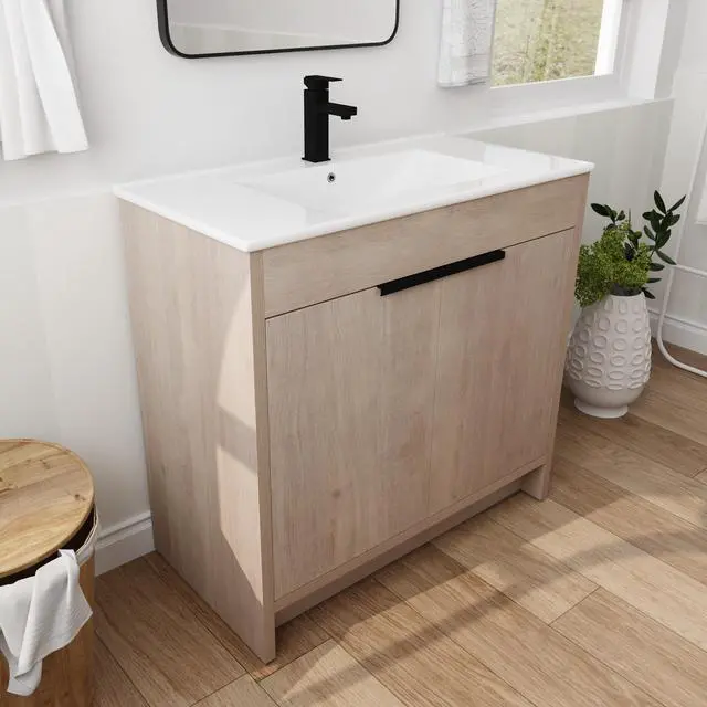 Alt view image 5 of 7 - 36 Inch Freestanding Bathroom Vanity with White Ceramic Sink & 2 Soft-Close Cabinet Doors (BVB02436PLO-F-BL9090B),W1286S00063