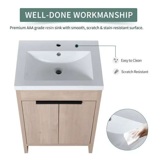 Alt view image 7 of 7 - (KD-PACKING)24 Inch Freestanding Bathroom Vanity With White Resin Sink(G-lemon SKU:BVB02424PLO-GRB2440),W1286S00017