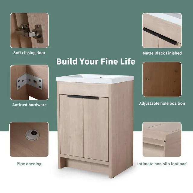 Alt view image 6 of 7 - (KD-PACKING)24 Inch Freestanding Bathroom Vanity With White Resin Sink(G-lemon SKU:BVB02424PLO-GRB2440),W1286S00017