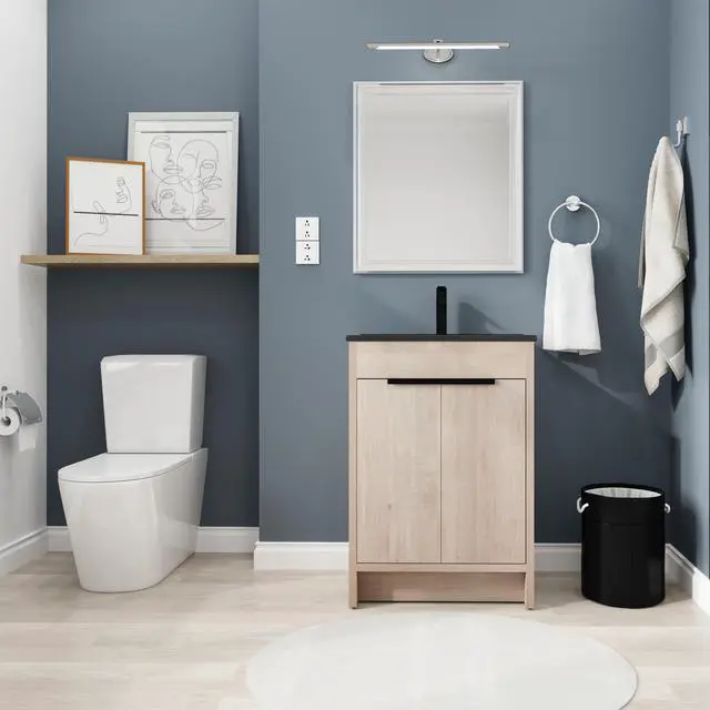 Main image of 24 Inch Freestanding Bathroom Vanity with Black Ceramic Sink & 2 Soft-Close Cabinet Doors (BVB02424PLO-G-BL9060BK),W1286S00016