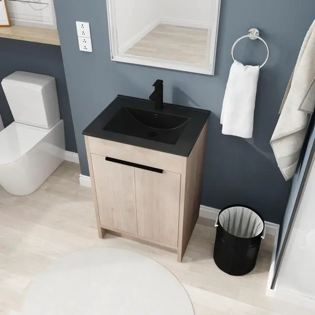 Alt view image 3 of 7 - 24 Inch Freestanding Bathroom Vanity with Black Ceramic Sink & 2 Soft-Close Cabinet Doors (BVB02424PLO-G-BL9060BK),W1286S00016