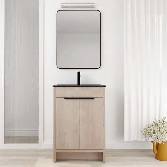 Alt view image 5 of 7 - 24 Inch Freestanding Bathroom Vanity with Black Ceramic Sink & 2 Soft-Close Cabinet Doors (BVB02424PLO-G-BL9060BK),W1286S00016