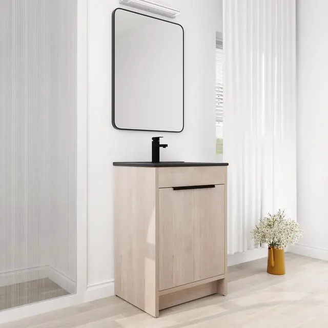 Alt view image 6 of 7 - 24 Inch Freestanding Bathroom Vanity with Black Ceramic Sink & 2 Soft-Close Cabinet Doors (BVB02424PLO-G-BL9060BK),W1286S00016