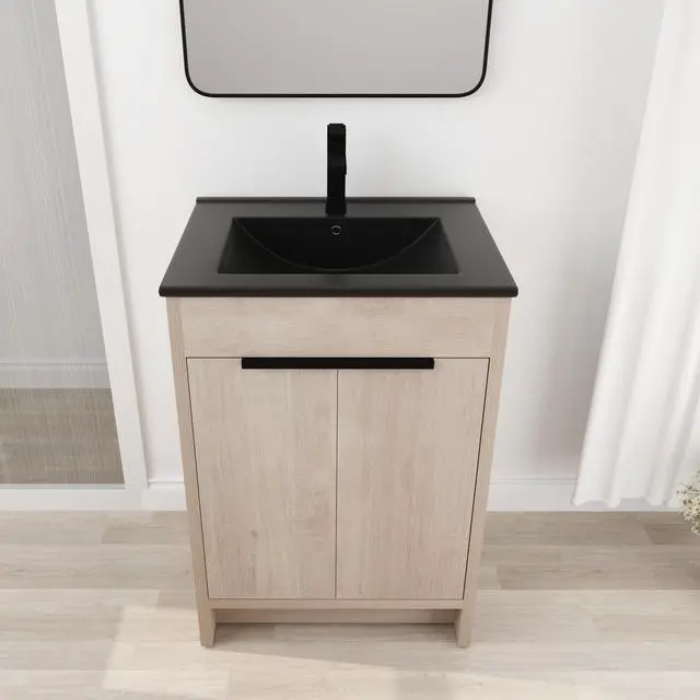 Alt view image 7 of 7 - 24 Inch Freestanding Bathroom Vanity with Black Ceramic Sink & 2 Soft-Close Cabinet Doors (BVB02424PLO-G-BL9060BK),W1286S00016
