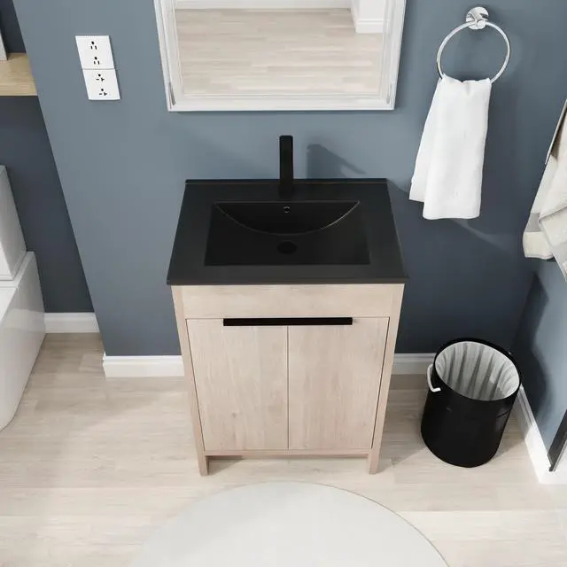 Alt view image 4 of 7 - 24 Inch Freestanding Bathroom Vanity with Black Ceramic Sink & 2 Soft-Close Cabinet Doors (BVB02424PLO-G-BL9060BK),W1286S00016