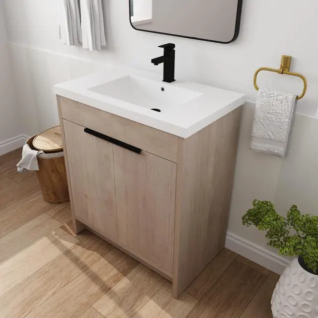 Alt view image 2 of 7 - 30 Inch Freestanding Bathroom Vanity with White Resin Sink & 2 Soft-Close Cabinet Doors (BVB02430PLO-GRB3040)
