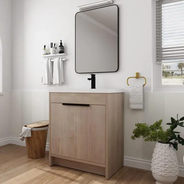 Alt view image 3 of 7 - 30 Inch Freestanding Bathroom Vanity with White Resin Sink & 2 Soft-Close Cabinet Doors (BVB02430PLO-GRB3040)