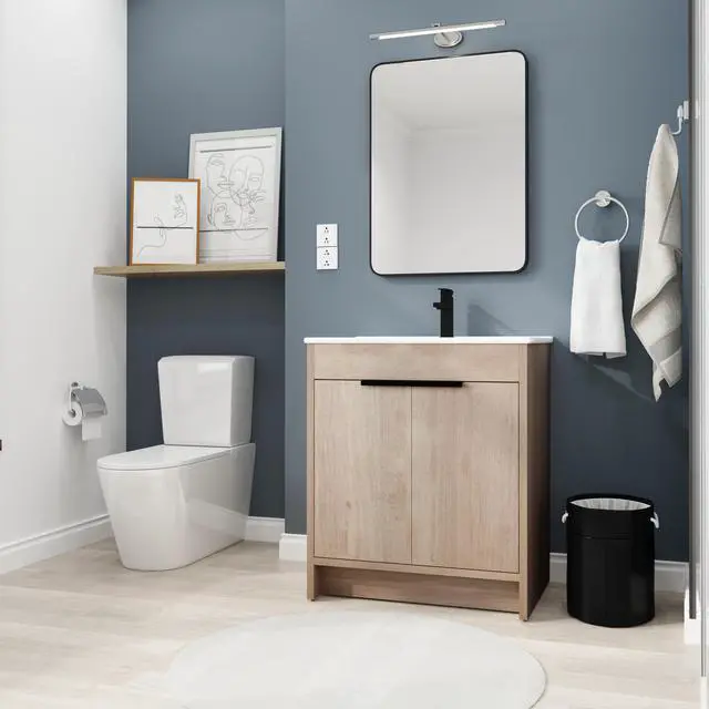 Alt view image 2 of 7 - 30 Inch Freestanding Bathroom Vanity with White Ceramic Sink & 2 Soft-Close Cabinet Doors (BVB02430PLO-BL9075B)=W999S00063