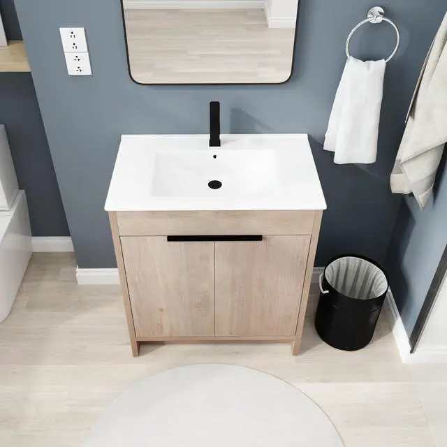 Alt view image 4 of 7 - 30 Inch Freestanding Bathroom Vanity with White Ceramic Sink & 2 Soft-Close Cabinet Doors (BVB02430PLO-BL9075B)=W999S00063