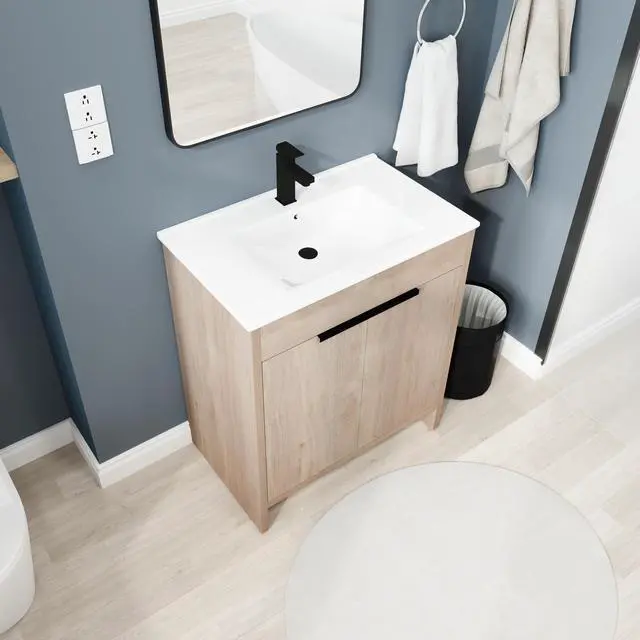 Alt view image 5 of 7 - 30 Inch Freestanding Bathroom Vanity with White Ceramic Sink & 2 Soft-Close Cabinet Doors (BVB02430PLO-BL9075B)=W999S00063
