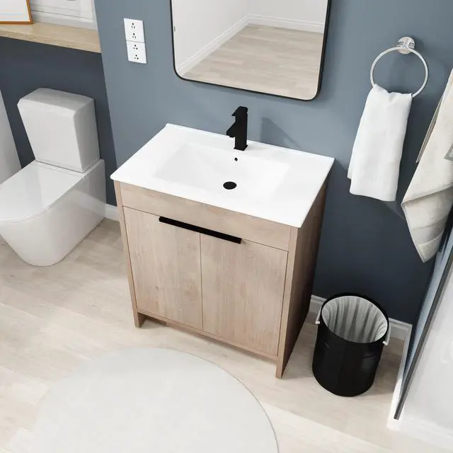 Alt view image 6 of 7 - 30 Inch Freestanding Bathroom Vanity with White Ceramic Sink & 2 Soft-Close Cabinet Doors (BVB02430PLO-BL9075B)=W999S00063