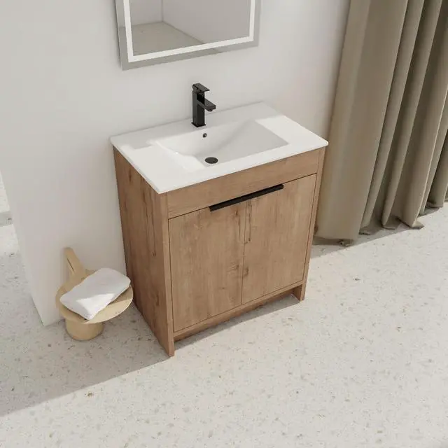 Alt view image 5 of 7 - 30" Freestanding Bathroom Vanity with White Ceramic Sink & 2 Soft-Close Cabinet Doors ((KD-PACKING),BVB02430IMO-BL9075B