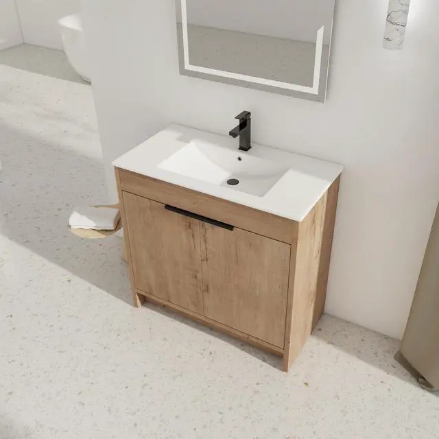 Alt view image 4 of 7 - 36" Freestanding Bathroom Vanity with White Ceramic Sink & 2 Soft-Close Cabinet Doors ((KD-PACKING),BVB02436IMO-F-BL9090B