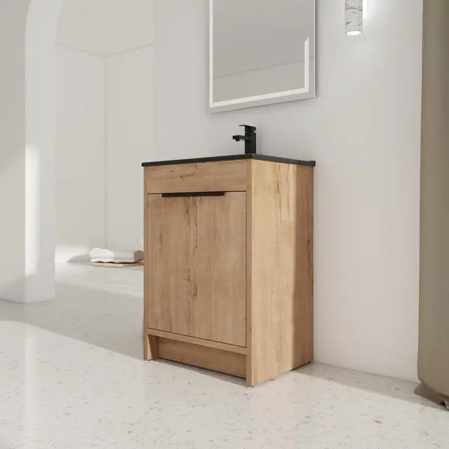 Alt view image 4 of 7 - 24" Freestanding Bathroom Vanity with Black Ceramic Sink & 2 Soft-Close Cabinet Doors ((KD-PACKING)