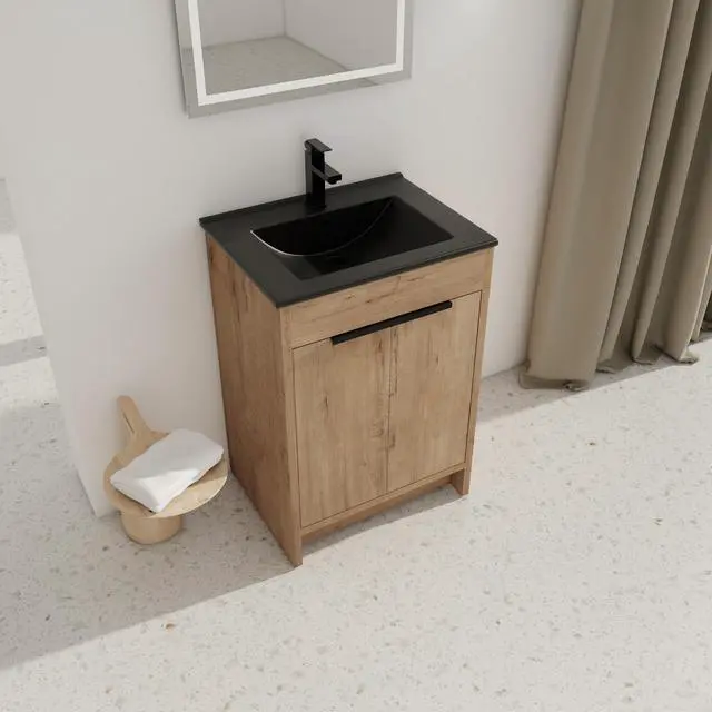 Alt view image 6 of 7 - 24" Freestanding Bathroom Vanity with Black Ceramic Sink & 2 Soft-Close Cabinet Doors ((KD-PACKING)