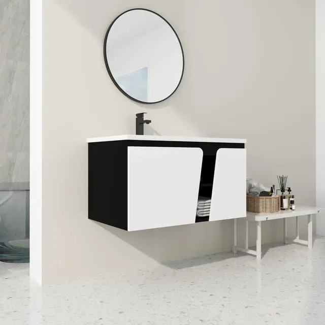 Alt view image 2 of 7 - 36'' Floating Wall-Mounted Bathroom Vanity With Ceramic Basin & Soft-Close Cabinet Door